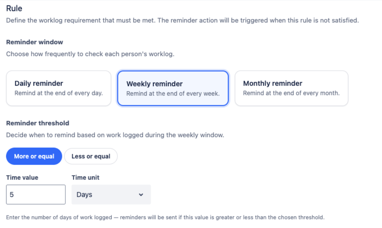 Weekly reminder rule setup in Worklog Reminder