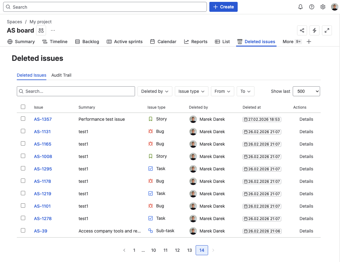 Deleted Issues panel — main view showing the issue list and filter bar